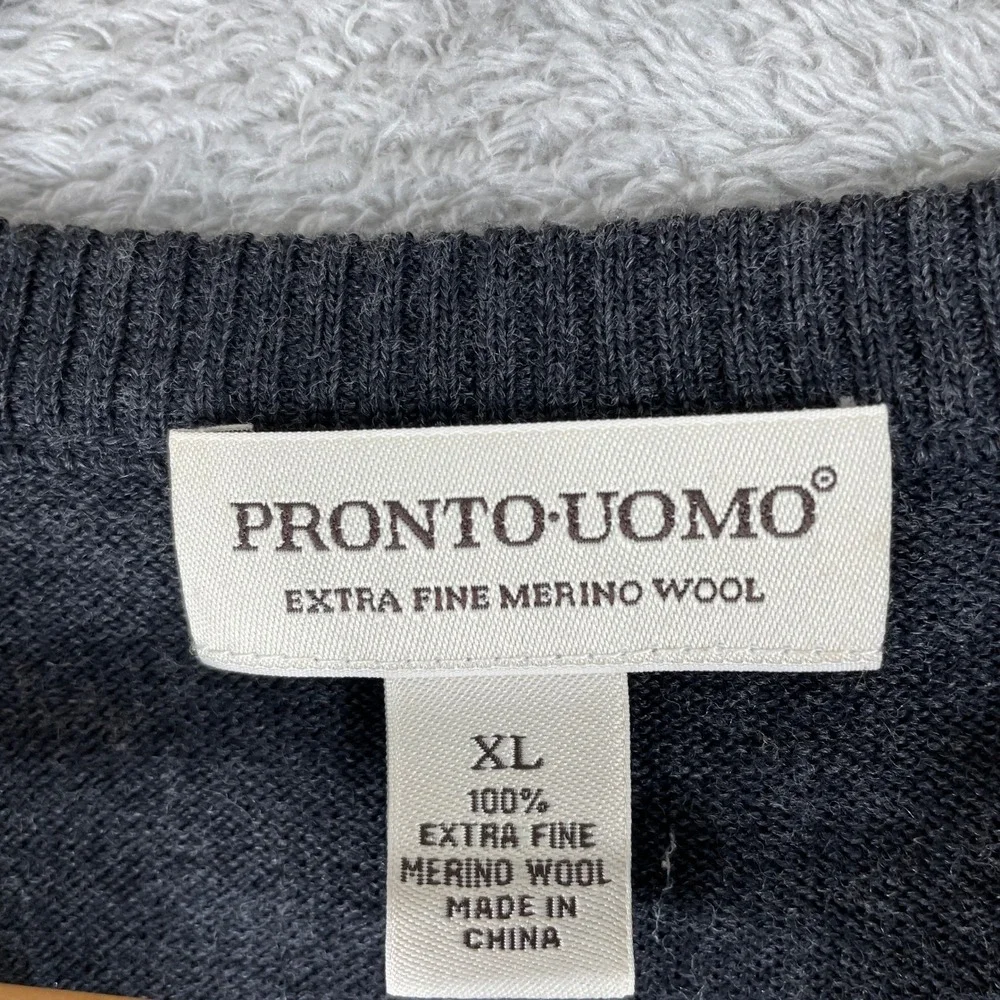 Pronto Uomo Sweater Vest Mens XL Gray Extra Fine Merino Wool V Neck Preppy